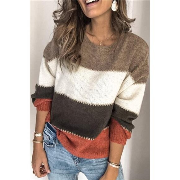 Womens Sweater Pullover Color Block Long Sleeve Knit Crewneck Casual Winter Top - Picture 4 of 6